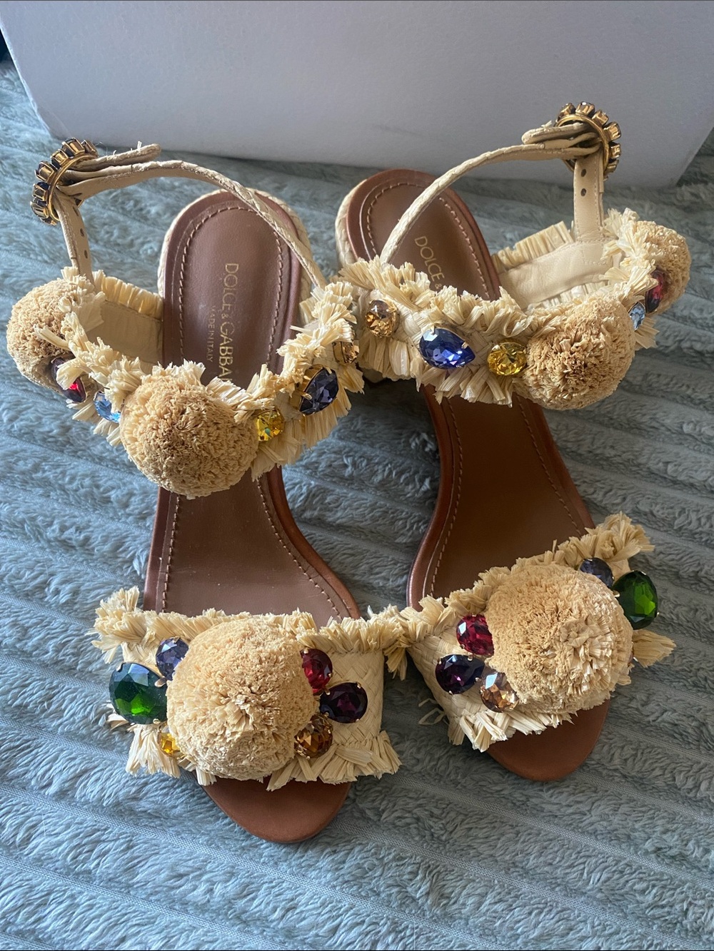 Dolce & Gabbana Cream Raffia Pom-Pom Sandals with Multicolor Crystal Accents